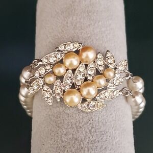 Vintage Emmons Faux‎ Pearl and Rhinestone Bracelet Silver Tone 50's MCM